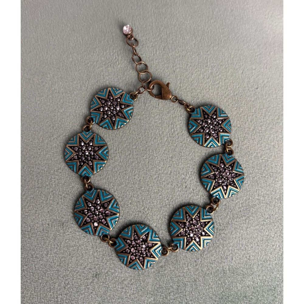 Handmade Gold Tone Marcasite  Link Bracelet Blue‎ Adjustable 8-9.5" P070